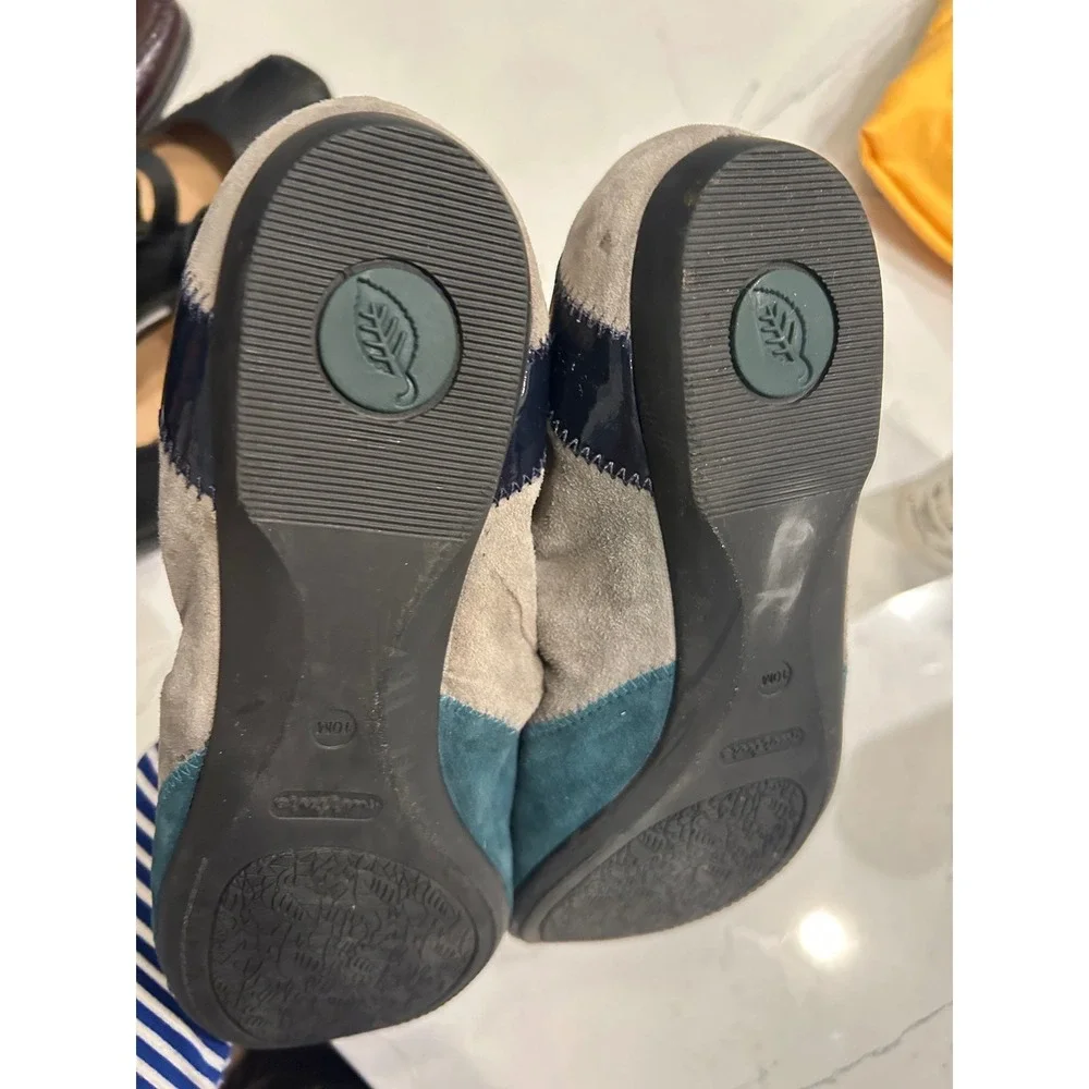 Nurture Ballet Flats Navy Teal Grey Patchwork Suede Patent Bow Comfort Shoes 10M